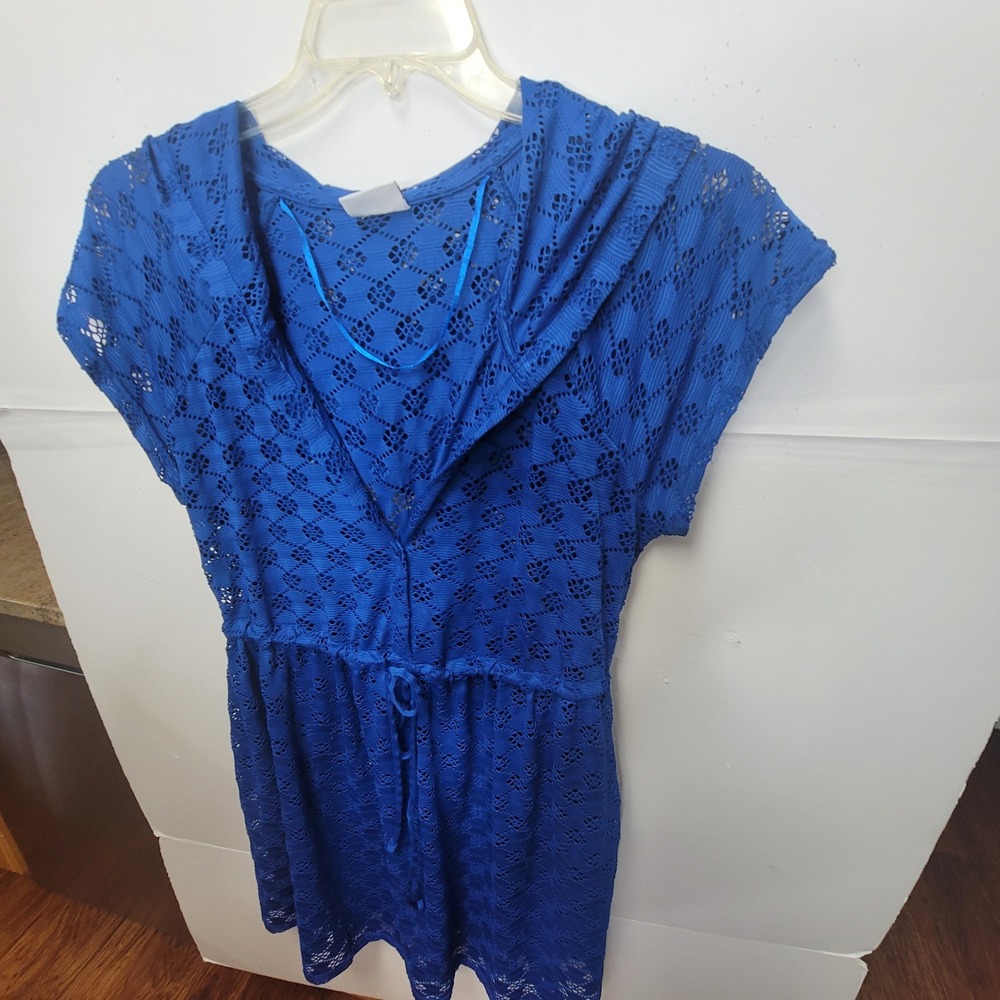 Profile by Gottex Swim Cover Up Women L Blue Hooded Lace Dress Cruise Boho Beach - Picture 6 of 10
